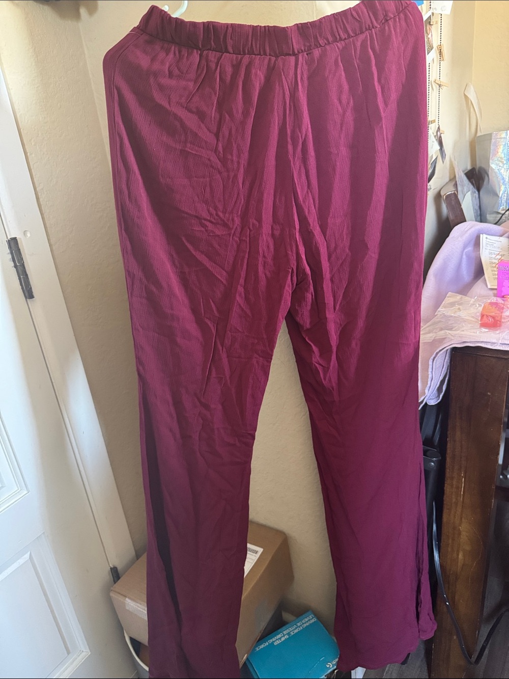 Tall Wide Leg Elastic Waist Pants - Burgundy